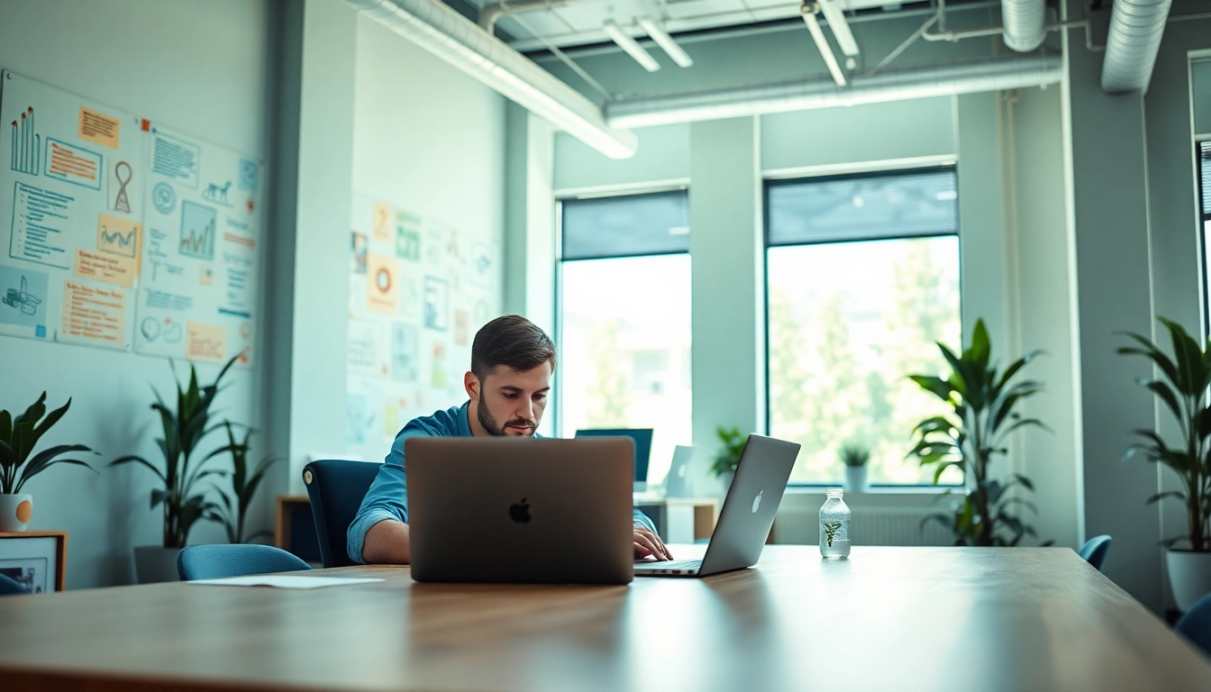 Showcasing Shopify website development services through professionals collaborating in a bright office.