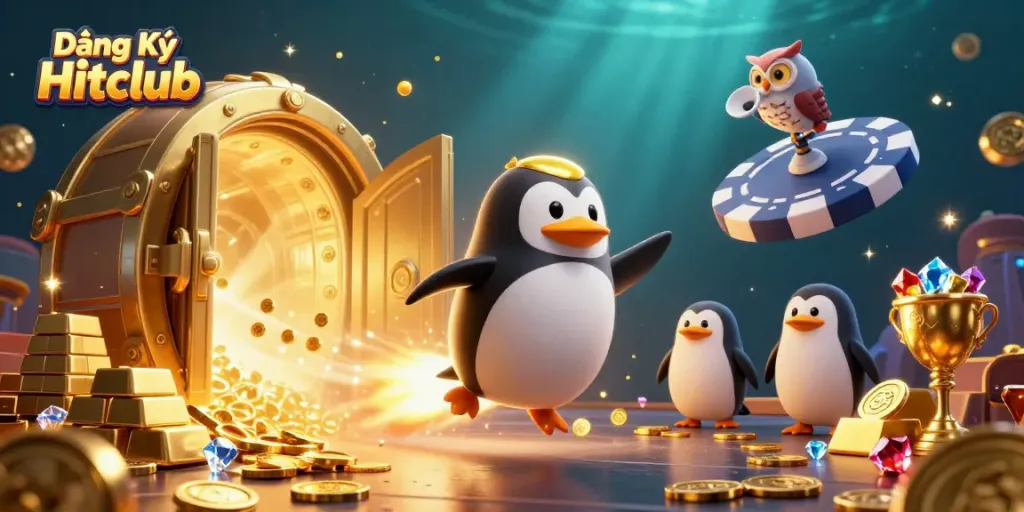 Experience the thrill of Đăng Ký Hitclub with a golden penguin soaring to a vibrant casino.