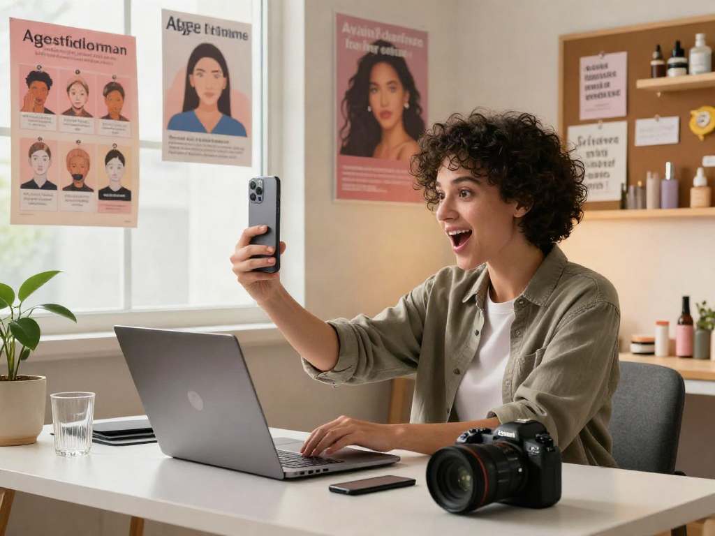Engaged user uploading selfie to determine how old do I look using AI-powered tool in a bright workspace.