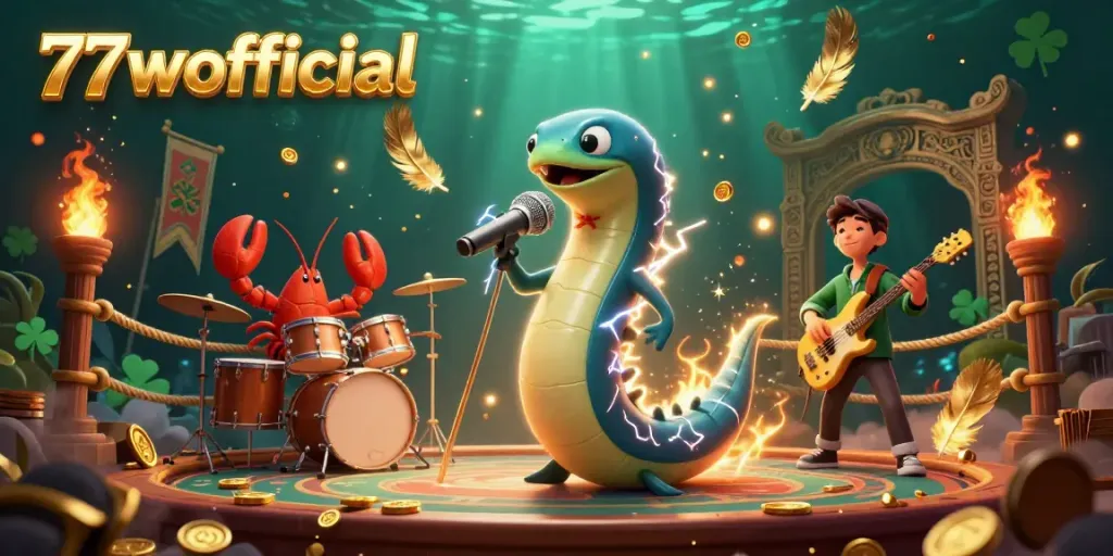 Engage with the vibrant underwater casino scene featuring 77wofficial’s electric eel DJ and classic game elements.