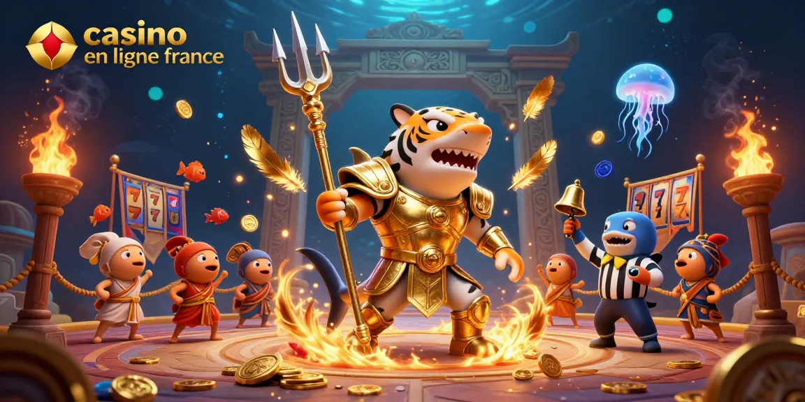 Vivez l'excitation du casino en ligne France avec un requin tigre en armure dorée dans une arène sous-marine.