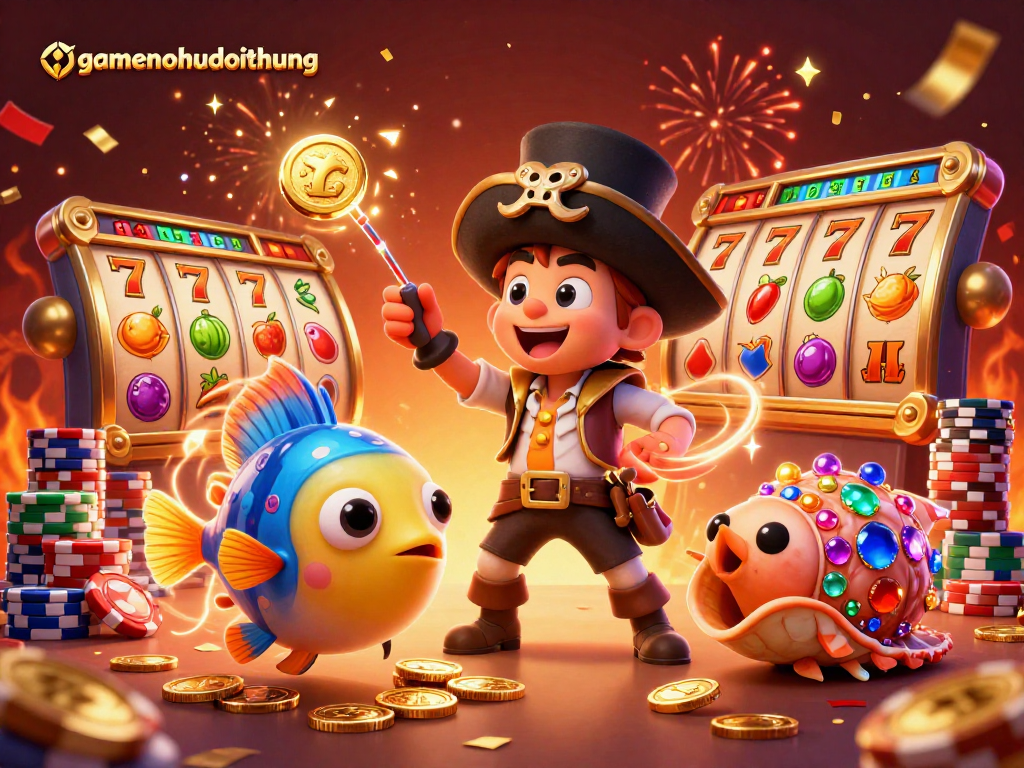 Spin and win with gamenohudoithuong's thrilling jackpot action featuring vibrant slot games and whimsical characters.