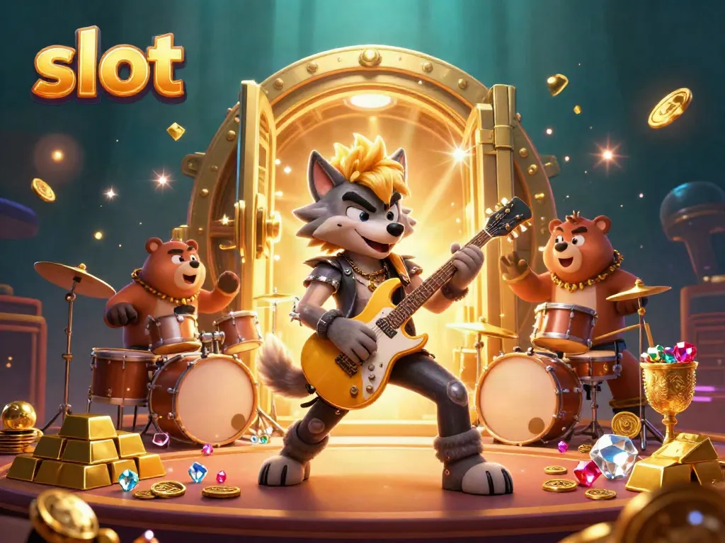 Engage with slot excitement in a vibrant casino scene featuring dynamic characters and dazzling treasures.