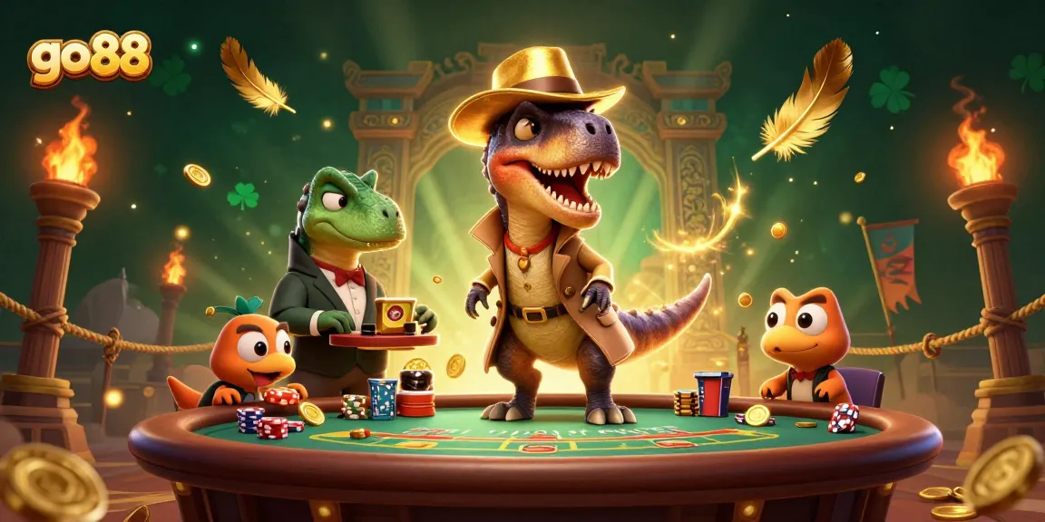 Experience thrilling blackjack action as the go 88 velociraptor card counter teams up with a suspicious stegosaurus pit boss and sneaky compy pickpocket.