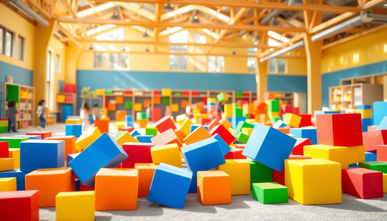 Get the details on giant foam building blocks, showcasing colorful sets in an engaging play area.