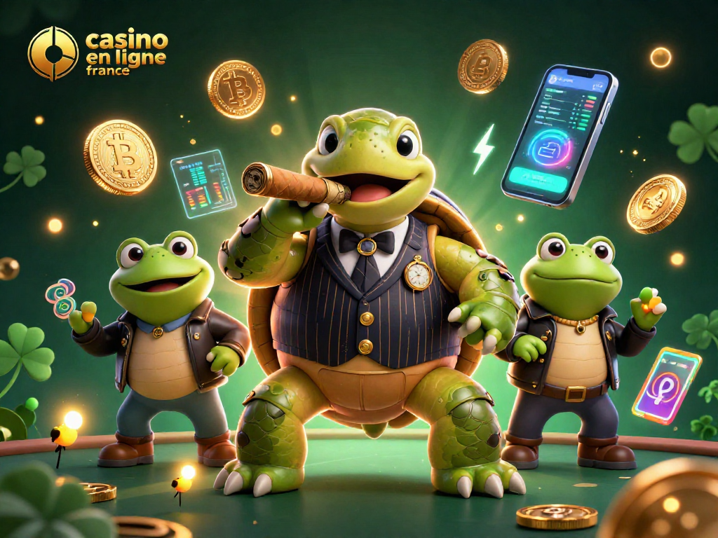 Le casino en ligne France propose des personnages animés jouant au poker, entourés de pièces de bitcoin illuminées.