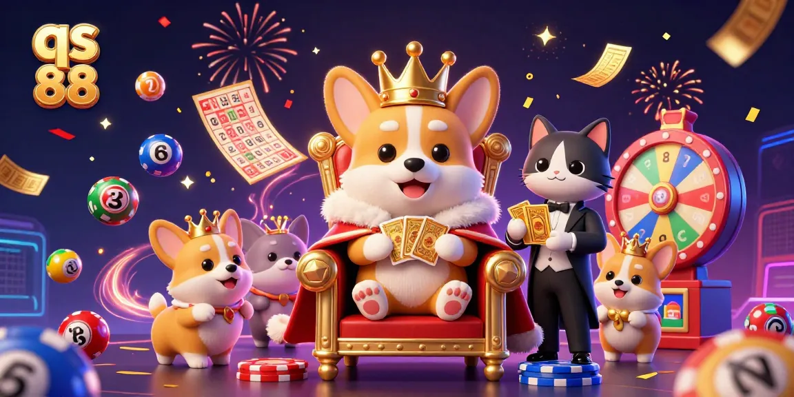 Experience the thrill of qs 88 with a vibrant 3D casino scene showcasing festive game elements and royal characters.