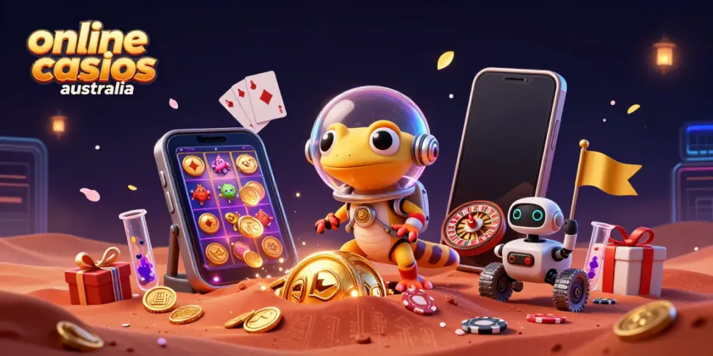 Experience the excitement at online casinos Australia with a vibrant 3D illustration of Martian gecko and casino treasures.