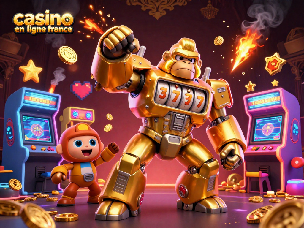Illustration d'un gorille mécanique doré en mode jeu, représentant un casino en ligne France dynamique et captivant.