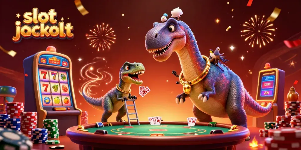 Slot jackpot yang menyenangkan dengan brontosaurus yang menjulang tinggi dan raptor yang membagikan kartu di kasino.