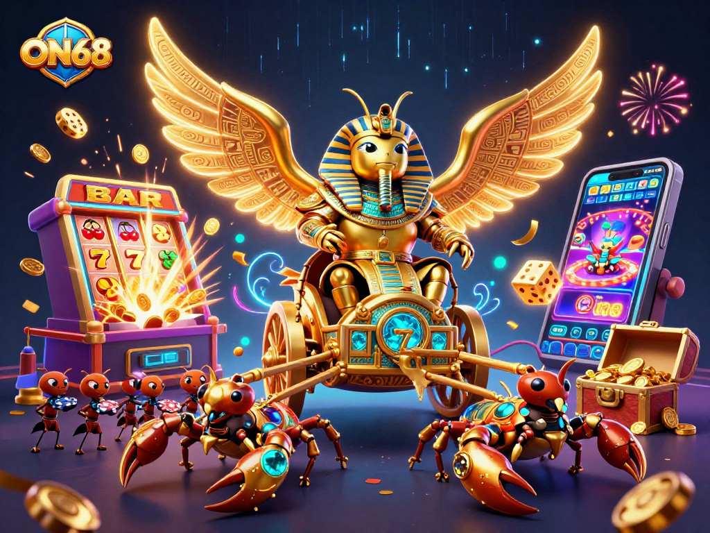 Experience thrilling gameplay with ON68's online casino featuring a majestic scarab beetle and dazzling jackpots.