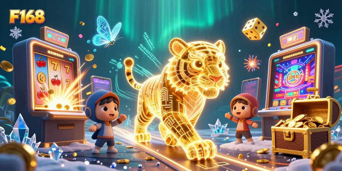 Win big at F168 with a dynamic casino scene featuring a golden tiger and exciting game elements.