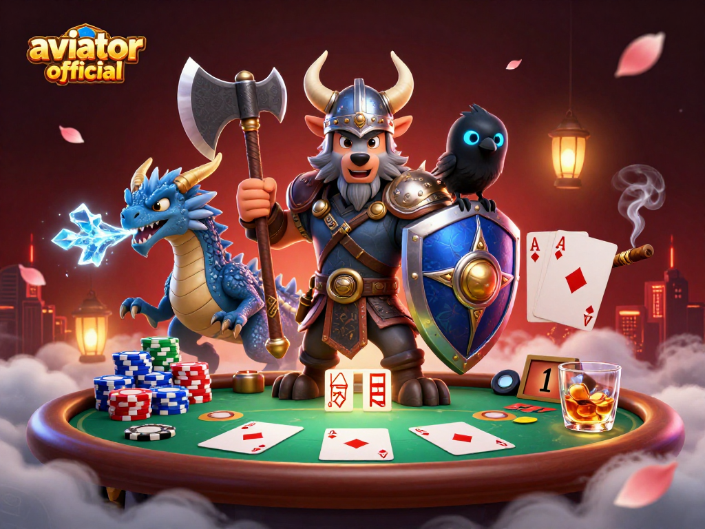 Aviator official showcases thrilling gameplay with a Viking wolf and dragon in a vibrant poker scene.