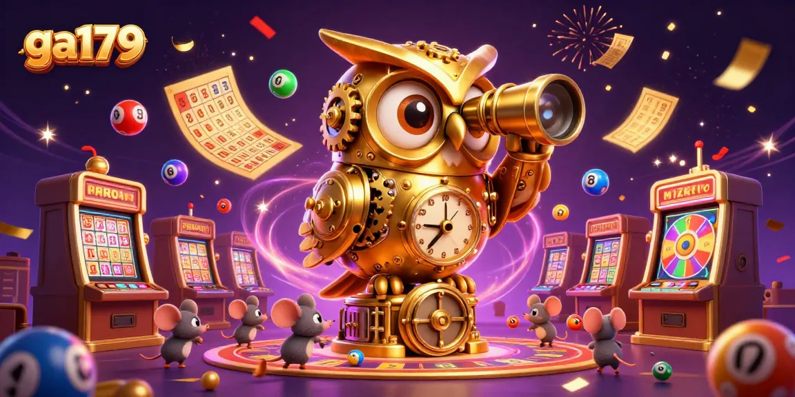 Join the excitement at ga179 with golden owl, vibrant slot machines, and a lively lottery scene.