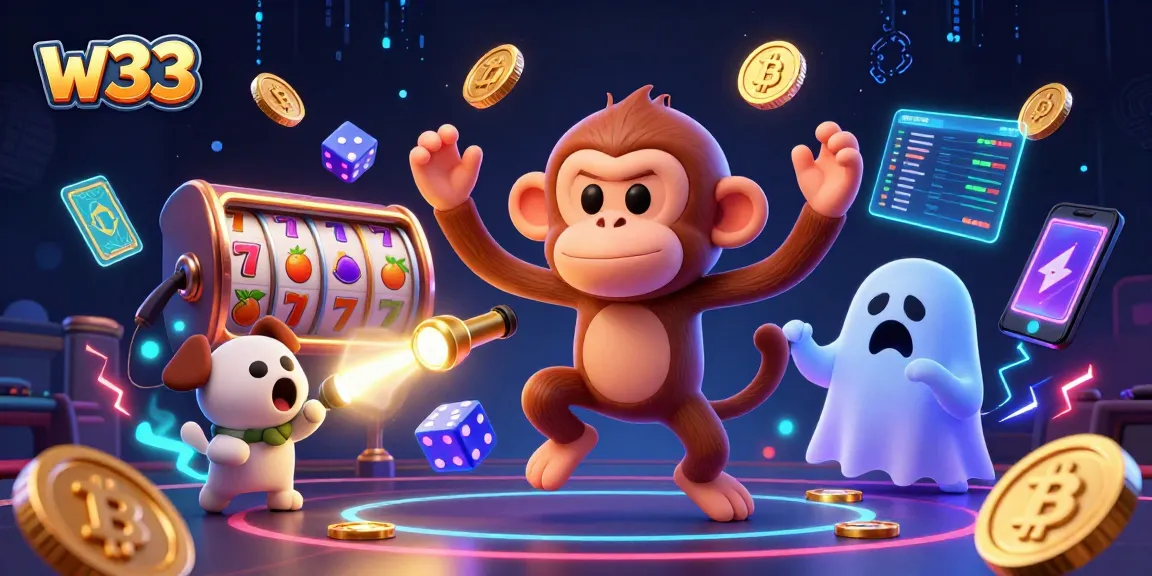 Experience the thrill of w33 pokies with animated characters in a vibrant casino scene.