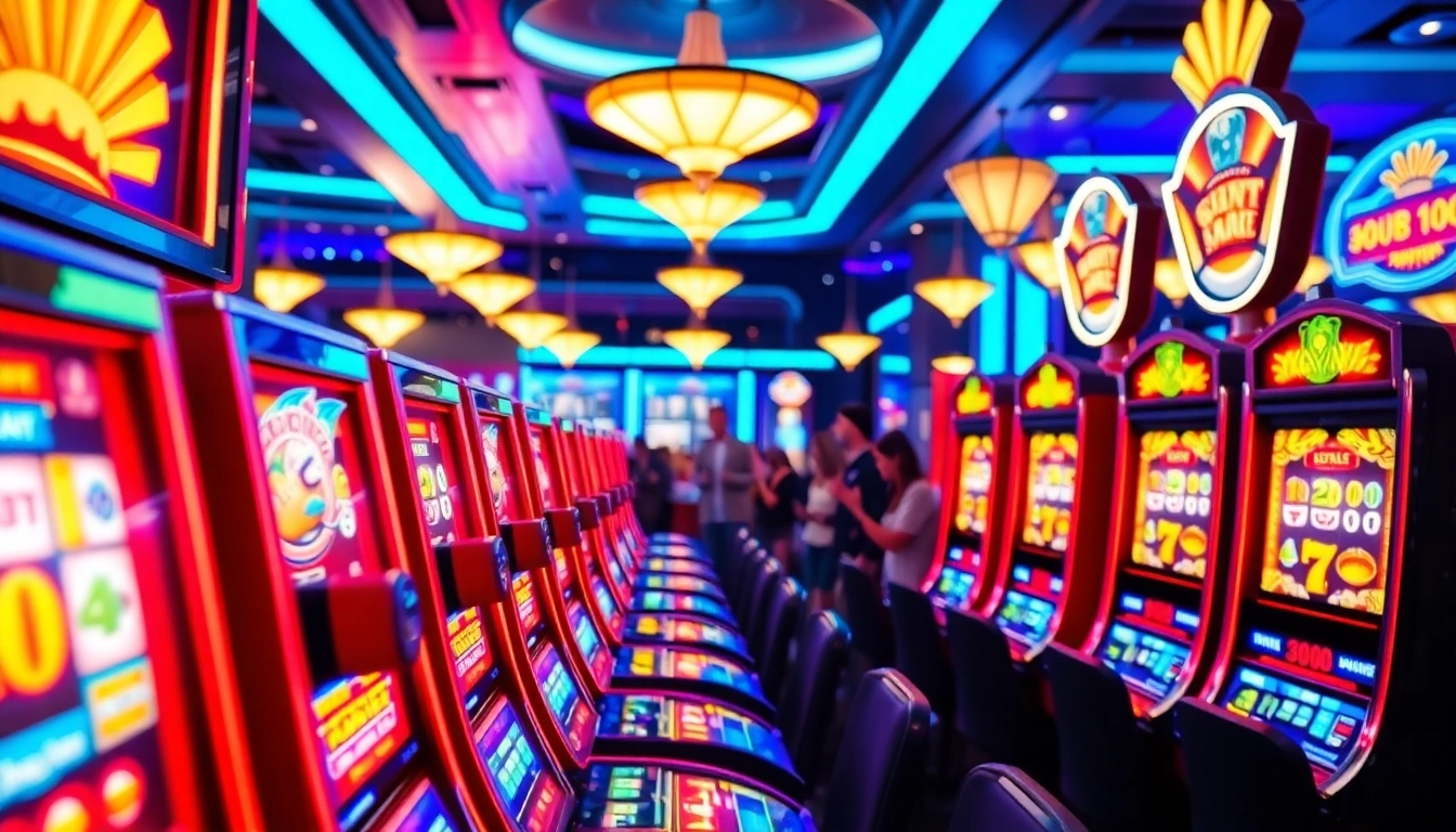 Experience thrilling slot gambling at illuminated machines and excited players.