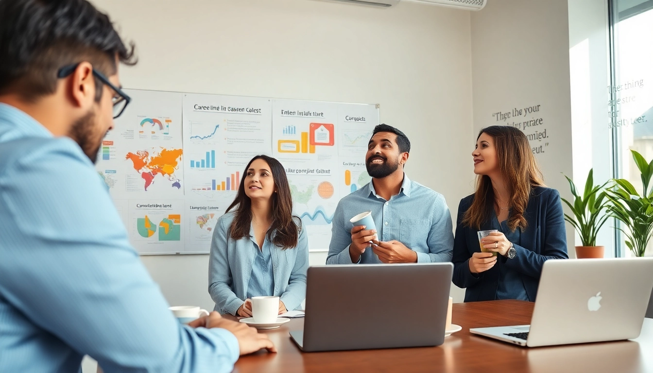 Persuasive visual of career seekers considering their ideal career in a collaborative office setting.
