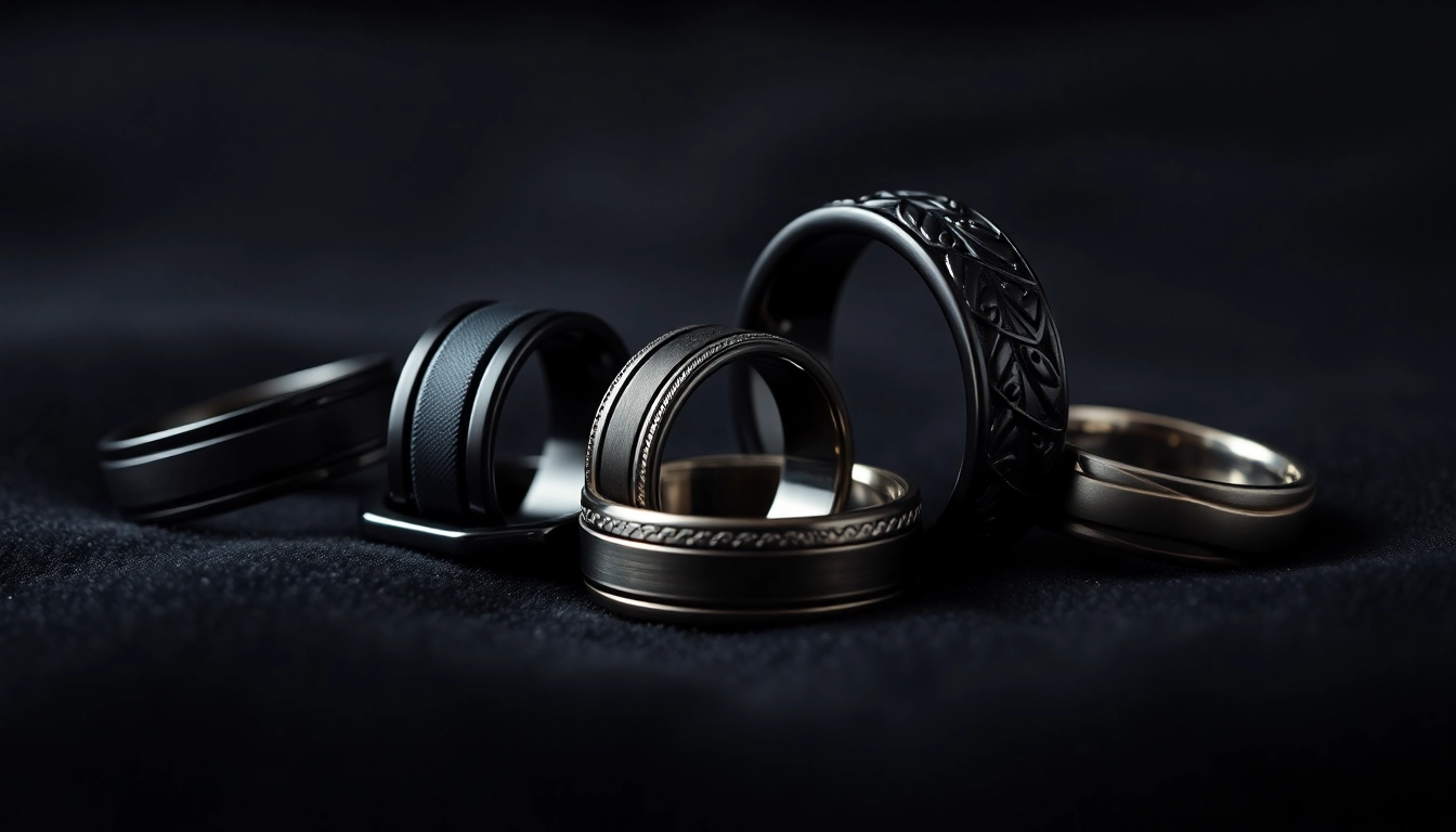 Showcasing exquisite black wedding rings for men with unique textures and elegant designs.