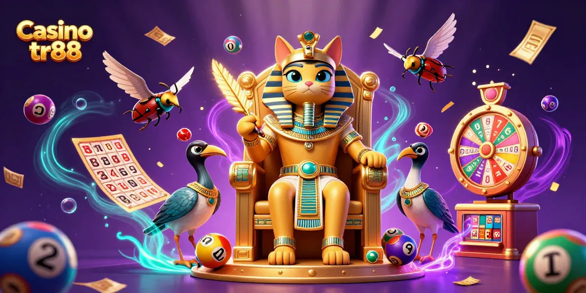Play thrilling games at Casino tr88 featuring Egyptian-themed elements, lottery balls, and a prize wheel.