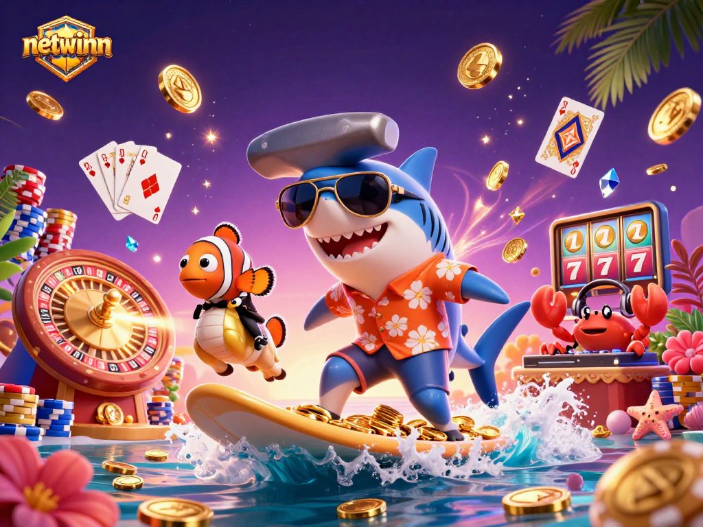 Experience the thrill of netwinn with a vibrant 3D scene featuring gambling elements and characters!