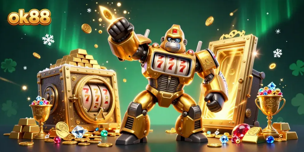 Spin the reels with ok88's dynamic golden gorilla mech and treasure vaults