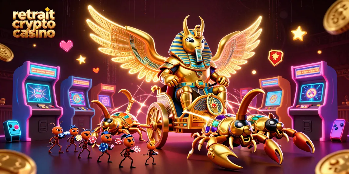 Retrait crypto casino : Illustration dynamique d'un scarabée doré, machines de jeux et éléments luxueux.