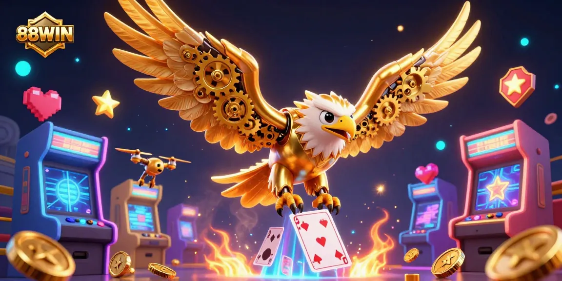 Experience thrilling 88WIN gaming with a cybernetic eagle soaring over vibrant casino elements.