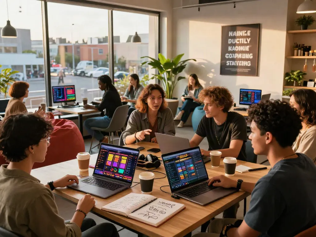 Discussing slot gacor strategies in a modern co-working space with engaging atmosphere and vibrant city view.
