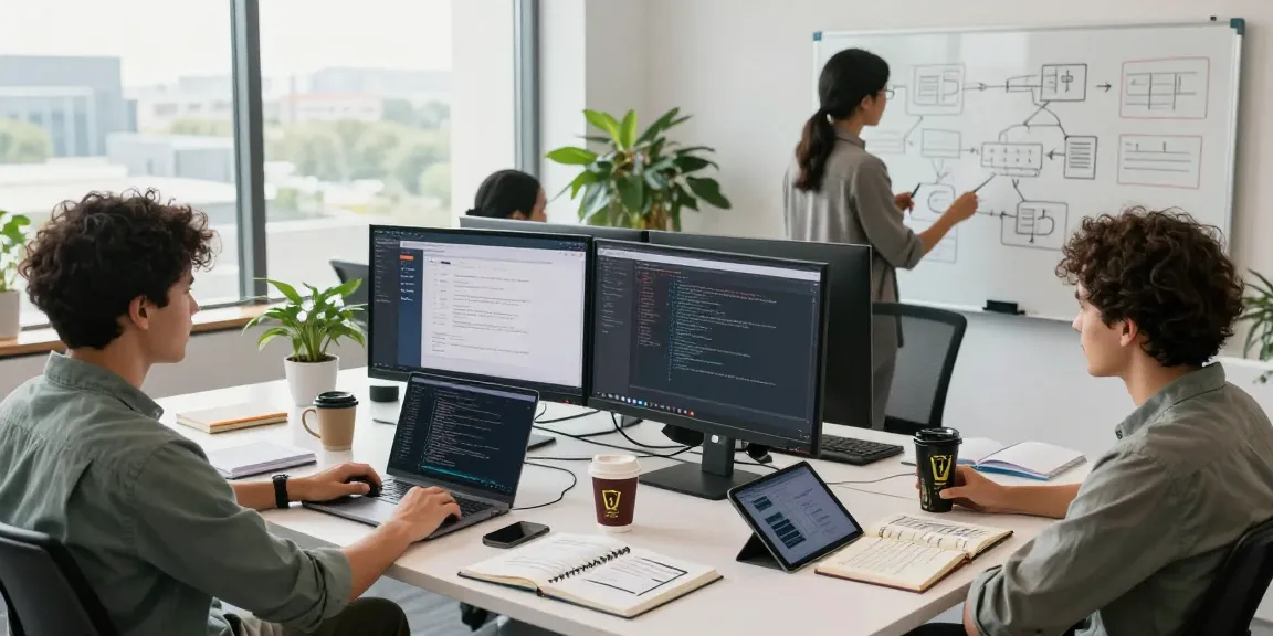 Team collaborating to build internal tools with AI in a modern office setting, showcasing creativity and technology.