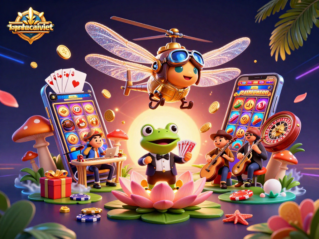 Play at topnhacaiviet with vibrant casino scene featuring a dragonfly pilot and a frog croupier.