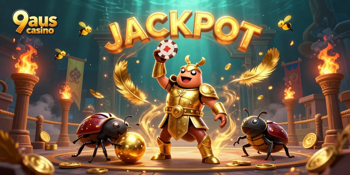 Win big at 9aus casino with engaging characters and dynamic gaming elements in a vibrant illustration.