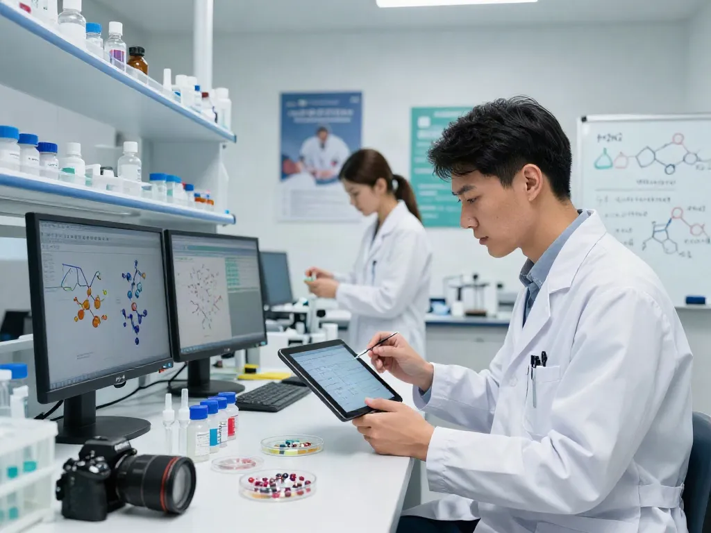 Explore https://noxpeptides.ca/product/retatrutide-30mg/ in a modern lab environment showcasing peptide research with a focused professional analyzing data.