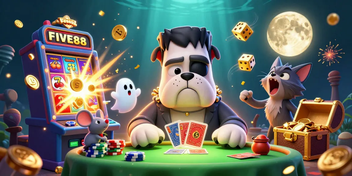 Play games at FIVE88 with vibrant cartoon characters at a spooky casino scene filled with jackpots.