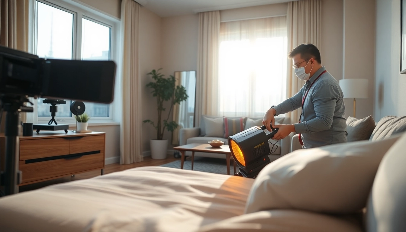 Technician performing bed bug heat treatment using specialized equipment in a clean apartment.
