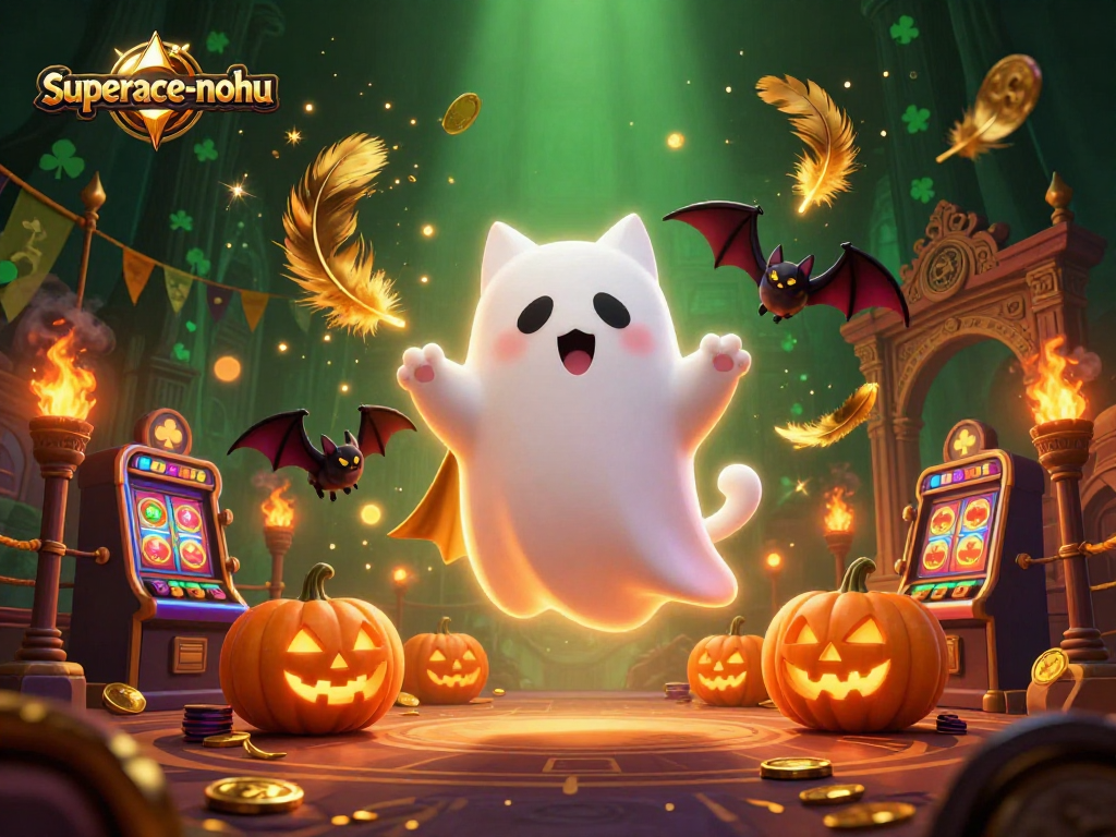 Experience thrilling gameplay in superace-nohu with a friendly ghost cat and vampire bat in a haunted casino.