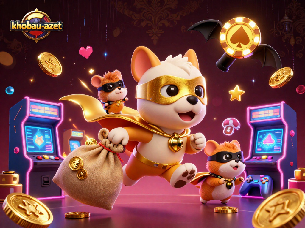 Engage with khobau-aztec as the superhero dog flies through a vibrant casino realm, enriched with arcade elements.