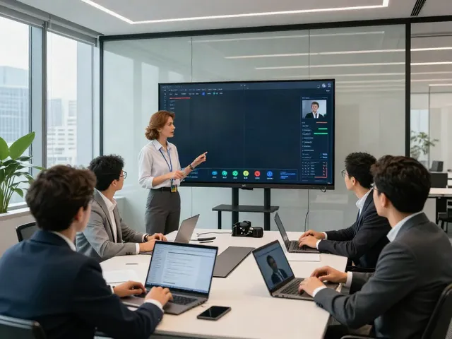 Deepfake free meetings in a modern conference room, showcasing diverse team collaboration and technology.