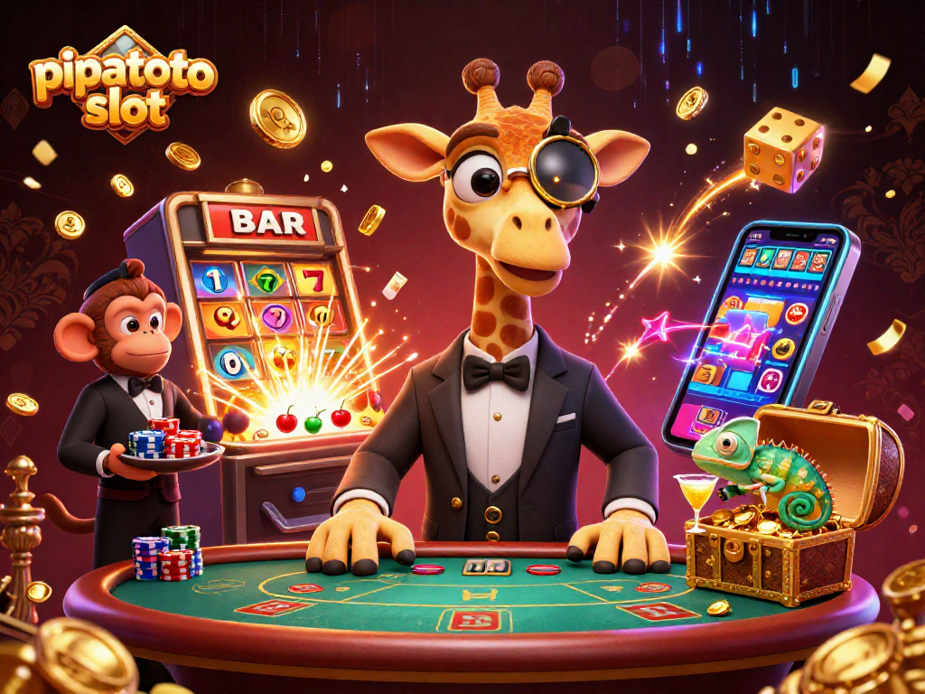 Experience vibrant gameplay with pipatoto slot's 3D cartoon characters amidst slot machines and jackpot excitement.