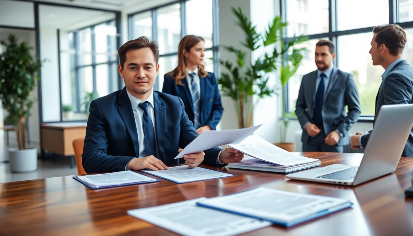 Engaging title insurance services discussion between an agent and clients in a professional setting.