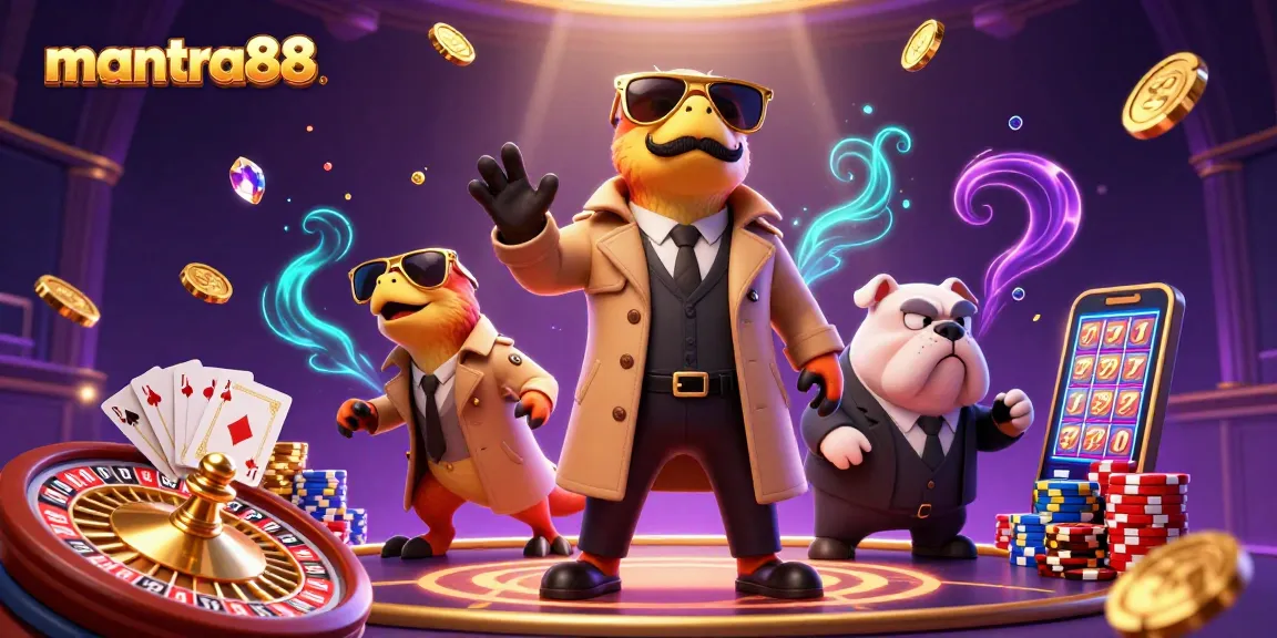 Experience the excitement of mantra88 with raptors and a bulldog in a colorful casino atmosphere.