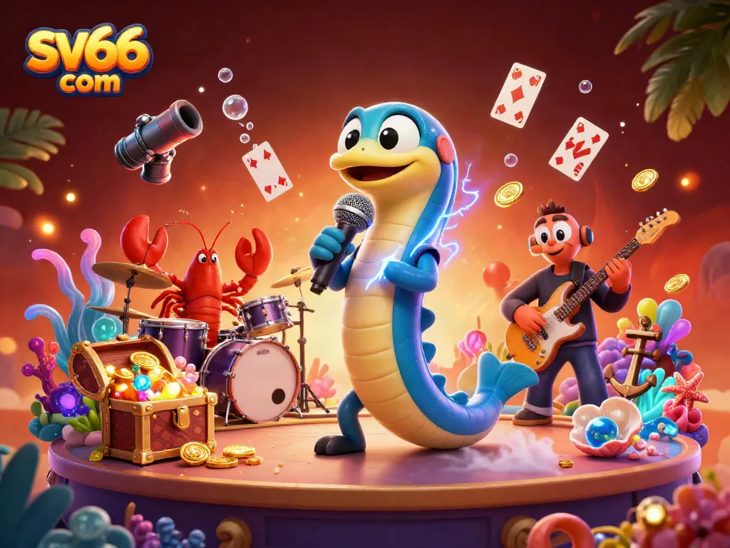Explore the vibrant underwater scene of sv66 com featuring an electric eel DJ, lobster drummer, and seahorse guitarist.