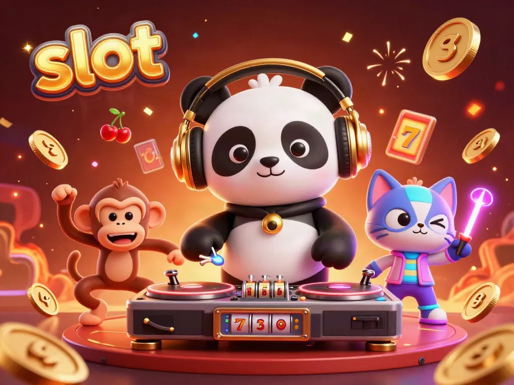 Slot yang penuh warna dengan panda DJ, monyet breakdance, dan anak kucing bersenang-senang saat merayakan jackpot.