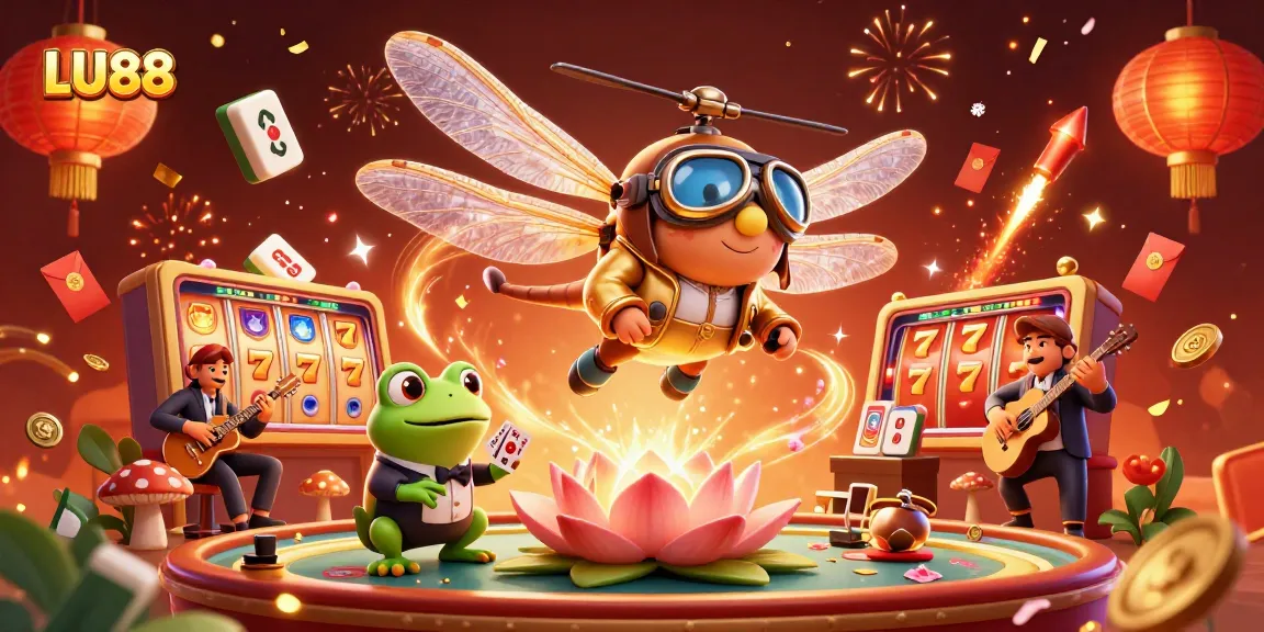 LU88 celebrates with a vibrant dragonfly pilot and a frog croupier amidst lively slot reels.