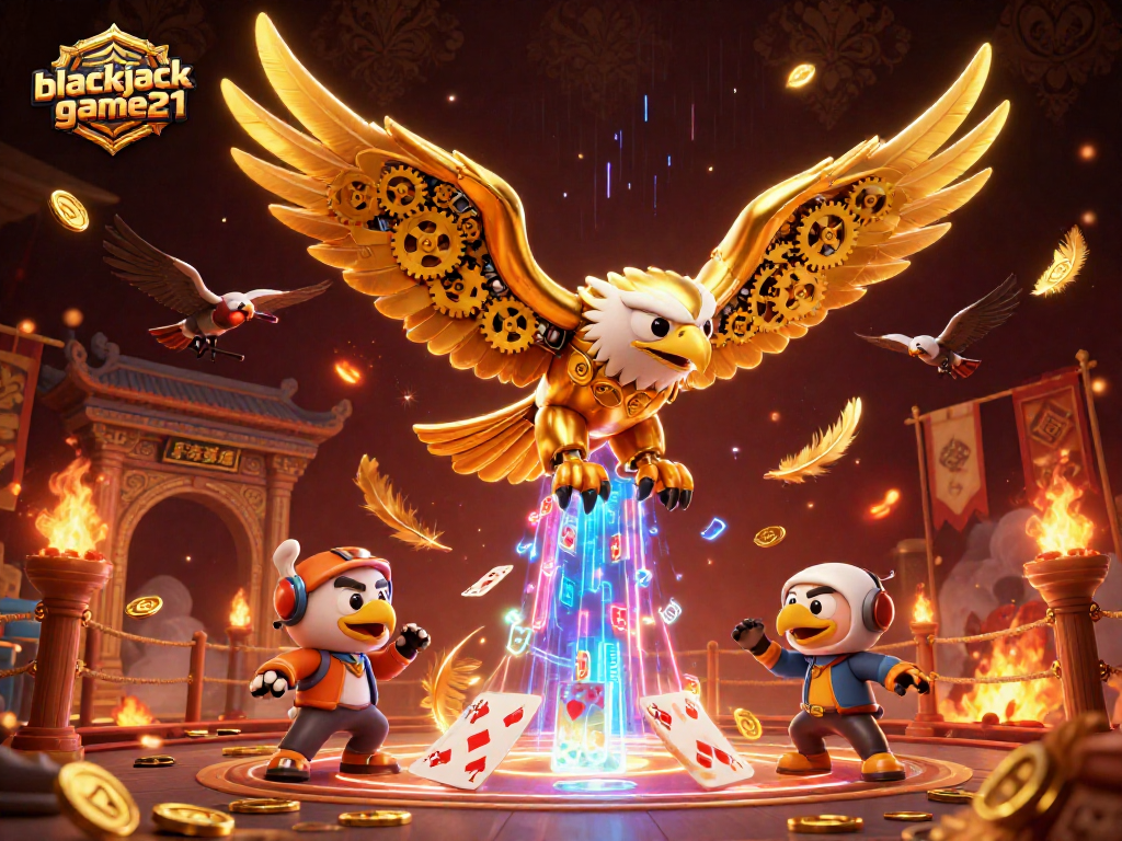 Experience blackjack-game21 with a cybernetic eagle amid holographic cards and gold coins.