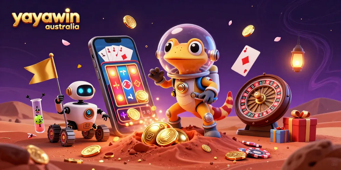 Yayawin Australia showcases an engaging 3D casino scene with an animated Martian gecko and vibrant gaming elements.