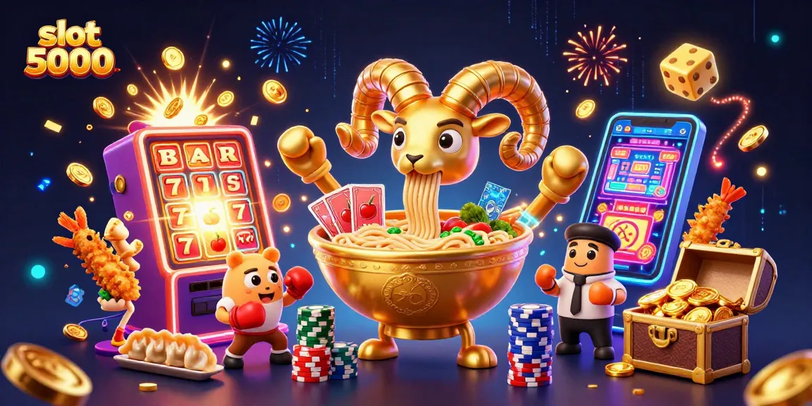 Slot 5000 menawarkan visual menarik dengan karakter konyol dan mesin slot yang menyala.