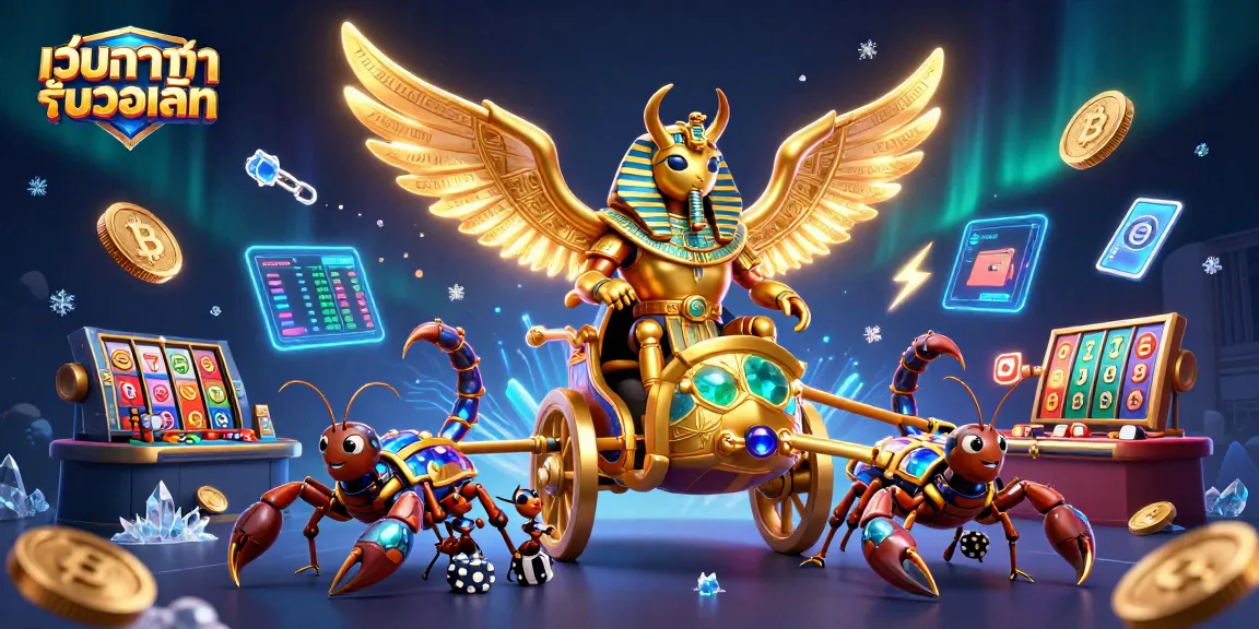 Engage with เว็บบาคาร่ารับวอเลท through a vibrant scene featuring a golden scarab and dazzling casino elements.