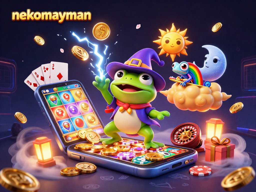Spin and win with nekomayman in a vibrant 3D casino scene filled with golden coins and slot action.