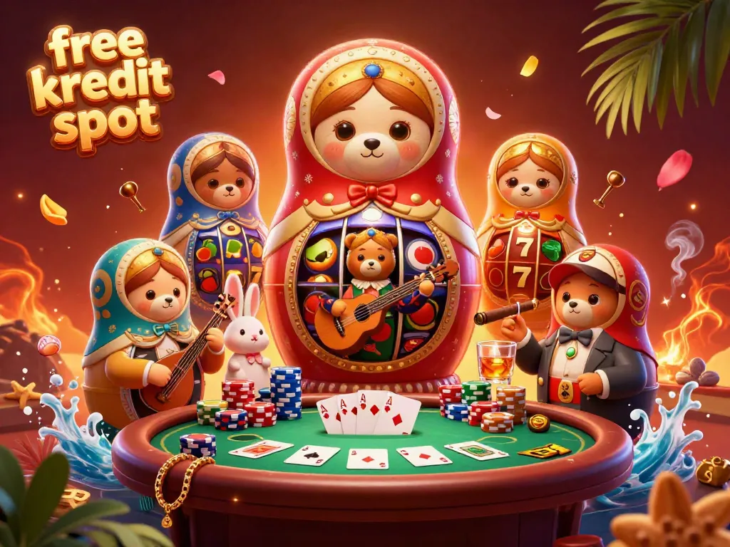 Engage with the vibrant world of free kredit slot featuring a colorful 3D illustration of casino-themed characters and elements.