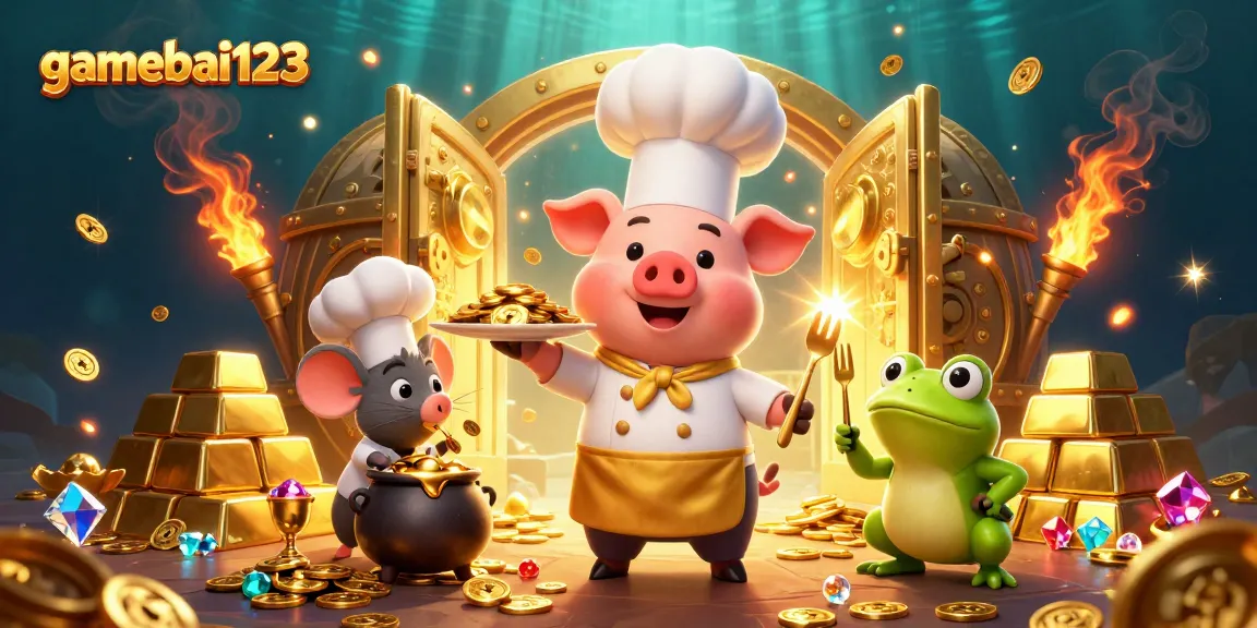 Experience excitement at gamebai123 with a chef pig serving gold coins in a lively casino scene.